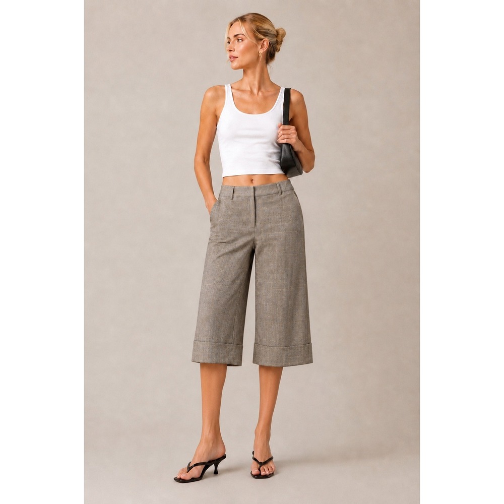 Elie Tahari Womens Glen Plaid Cropped Wide Leg Pants M Brown Wool Blend Career